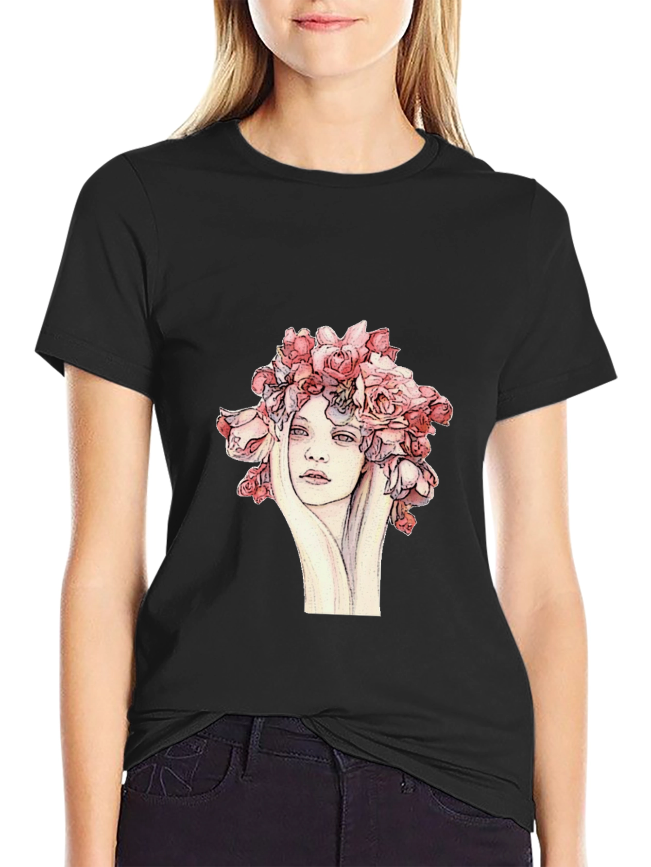 Floral Woman Graphic Tee - Unique Artistic Design