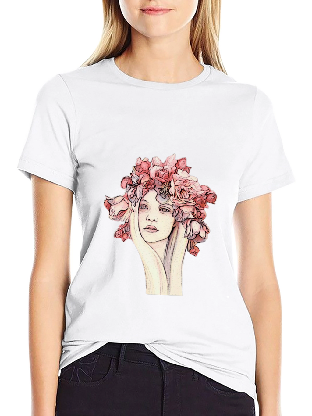 Floral Woman Graphic Tee - Unique Artistic Design