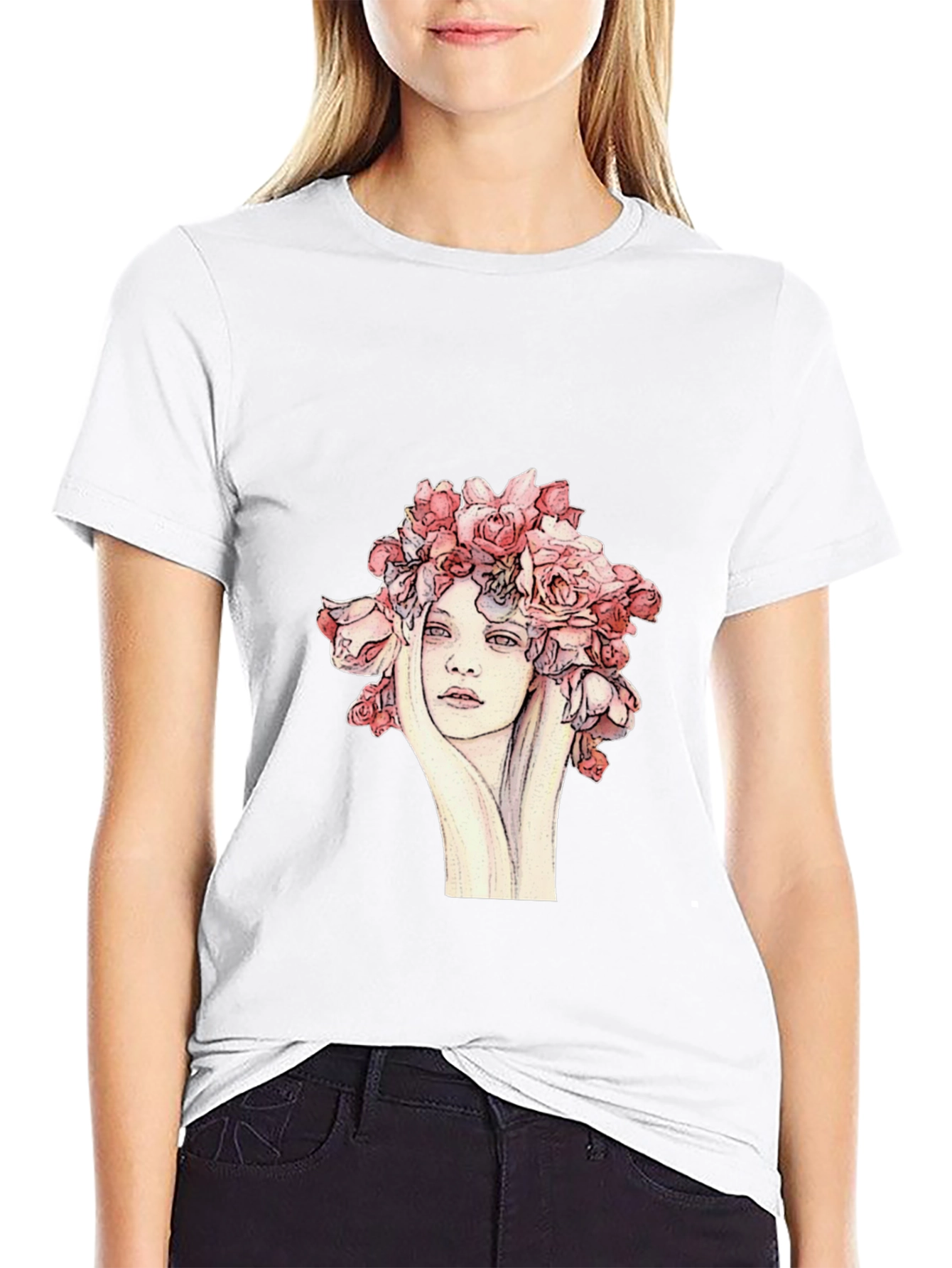 Floral Woman Graphic Tee - Unique Artistic Design