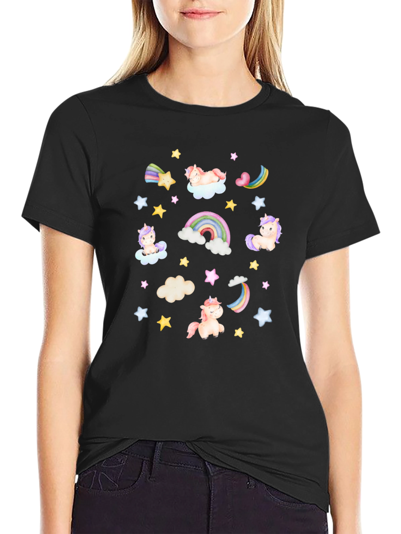 Unicorns Rainbows Stars Black T-Shirt