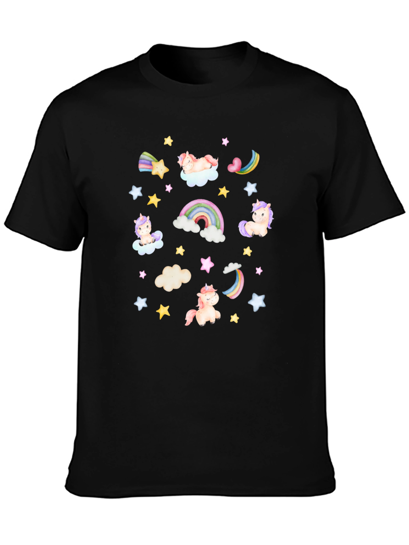 Unicorns Rainbows Stars Black T-Shirt
