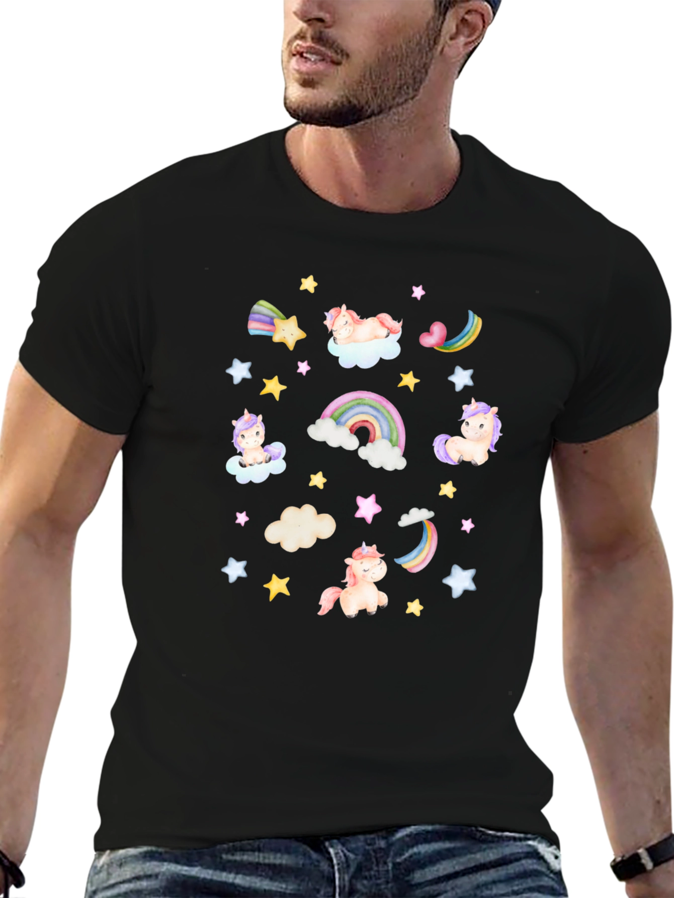 Unicorns Rainbows Stars Black T-Shirt