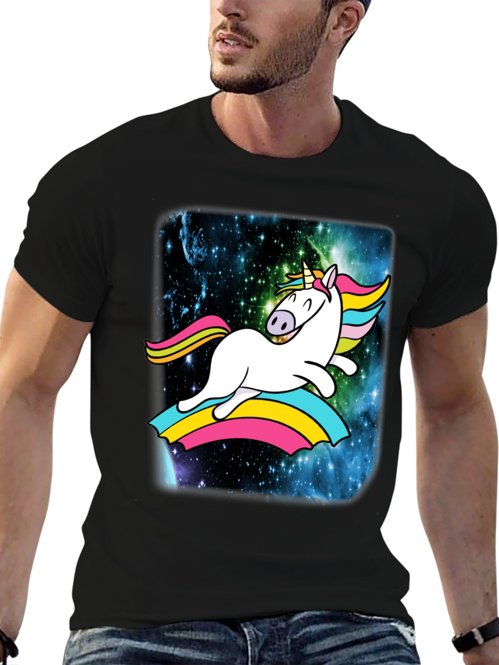 Unicorn Rainbow Galaxy Mens Black T-Shirt