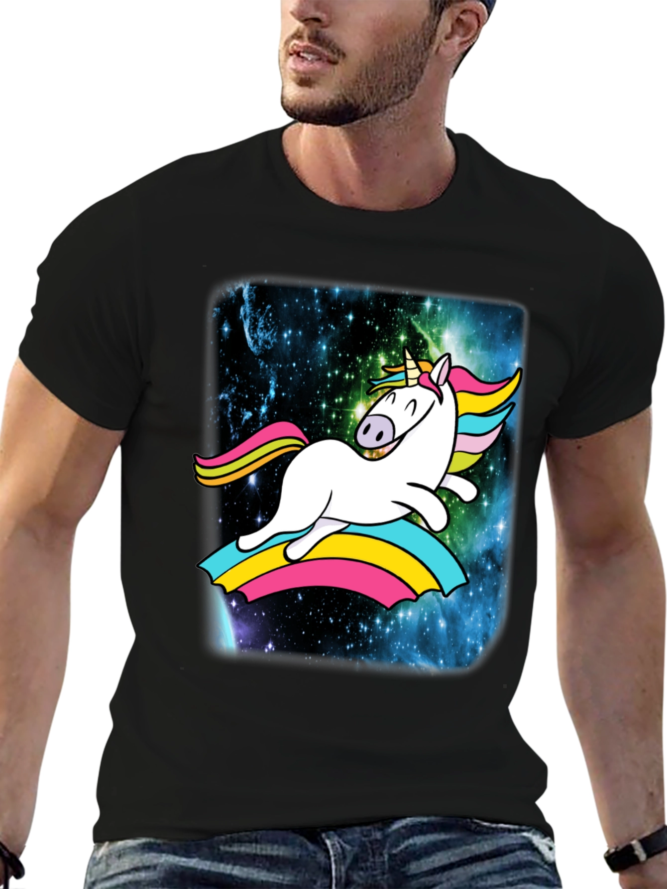 Unicorn Rainbow Galaxy Mens Black T-Shirt