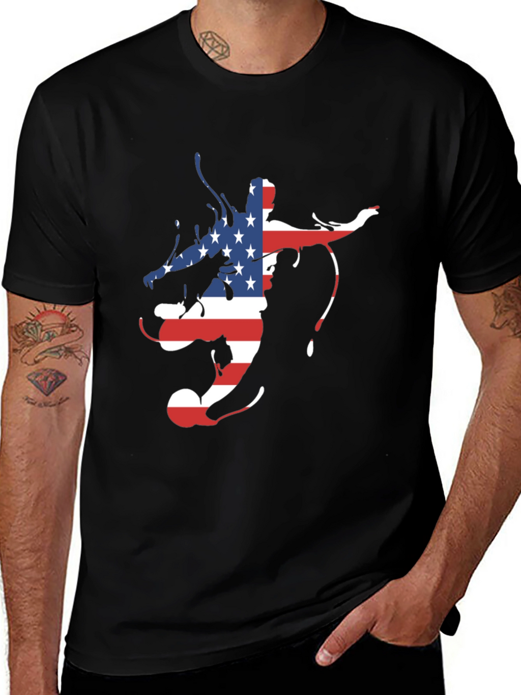 American Flag Soccer Player Mens Black Graphic Tee