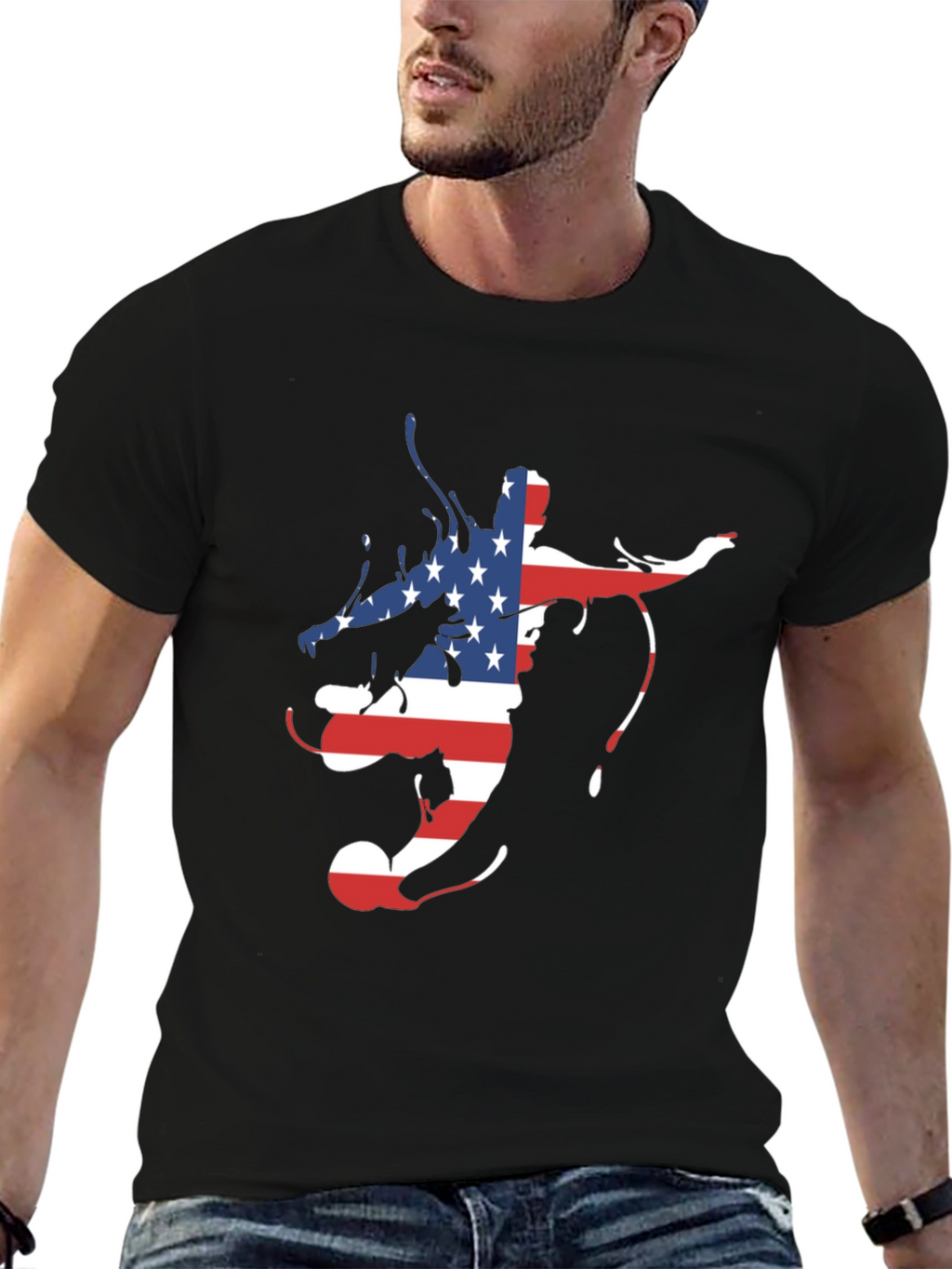 American Flag Soccer Player Mens Black Graphic Tee