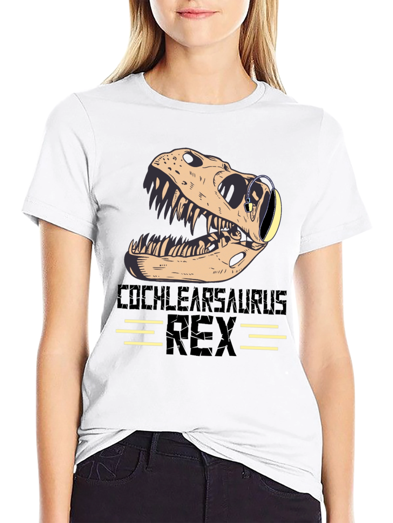 Cochlearsaurus Rex T-Shirt - Dinosaur Skull with Headphones