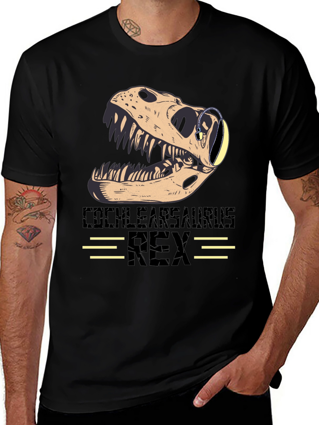 Cochlearsaurus Rex T-Shirt - Dinosaur Skull with Headphones