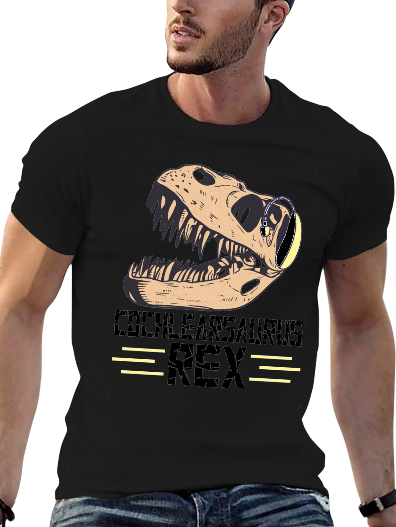 Cochlearsaurus Rex T-Shirt - Dinosaur Skull with Headphones