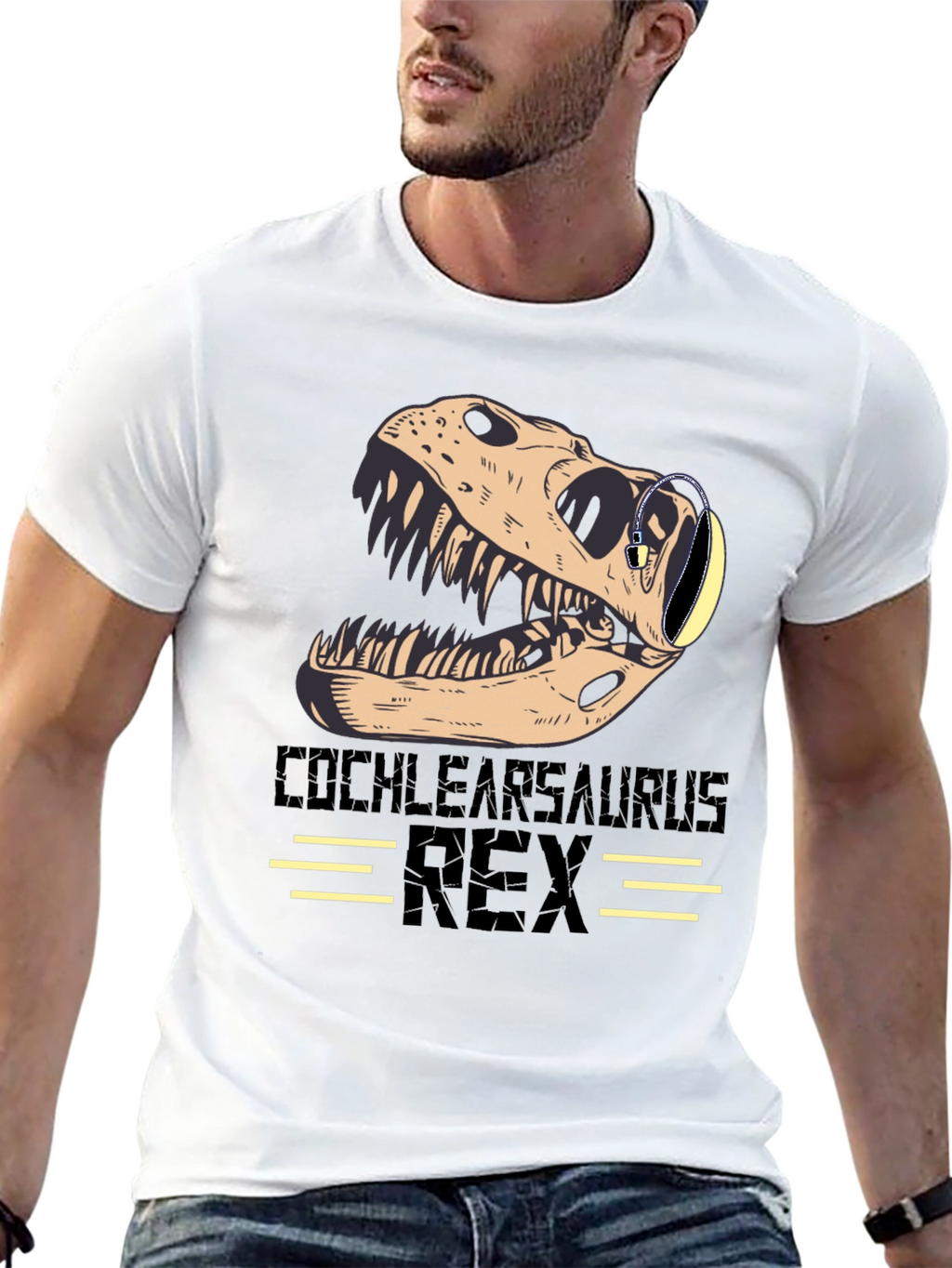 Cochlearsaurus Rex T-Shirt - Dinosaur Skull with Headphones