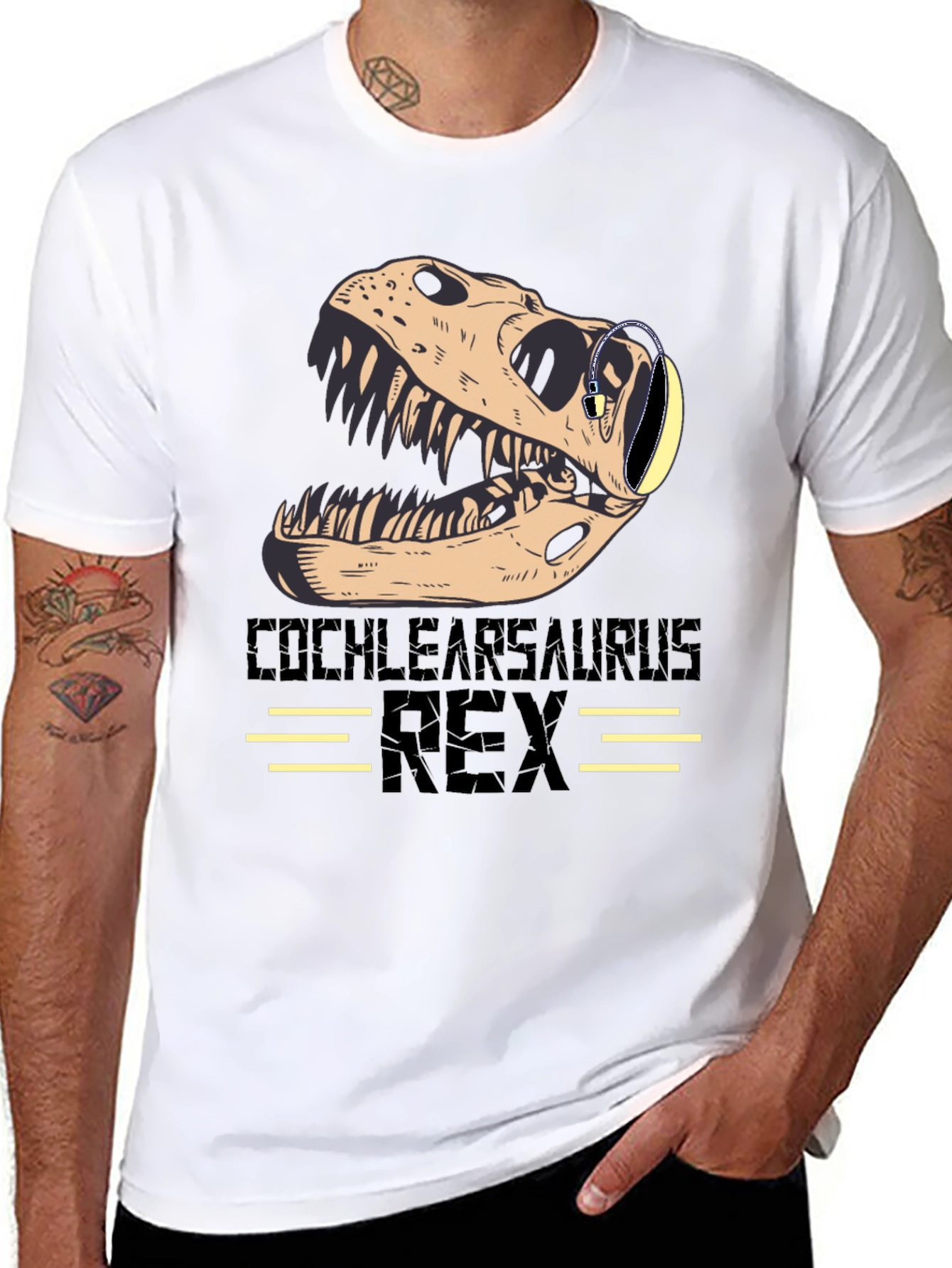 Cochlearsaurus Rex T-Shirt - Dinosaur Skull with Headphones