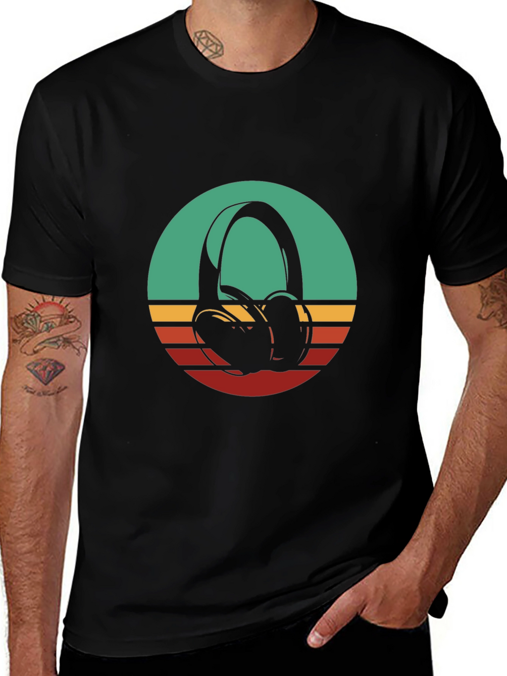 Retro Headphones Graphic Tee - Black Cotton Blend