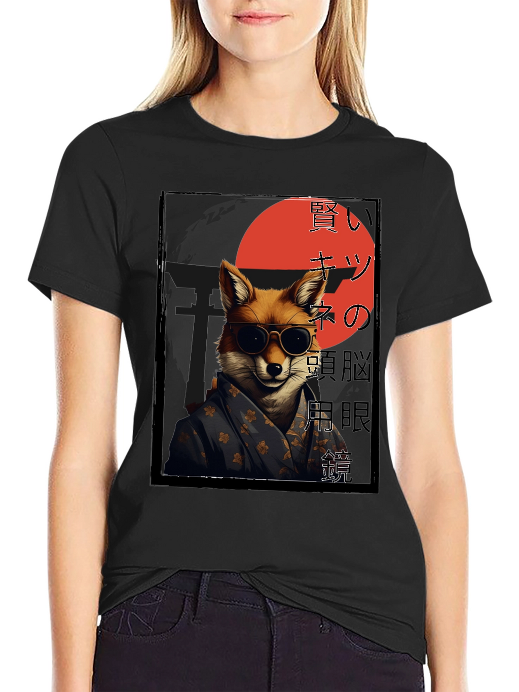Cool Fox in Kimono Black T-Shirt