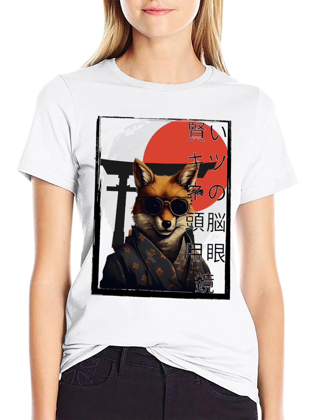 Cool Fox in Kimono Black T-Shirt