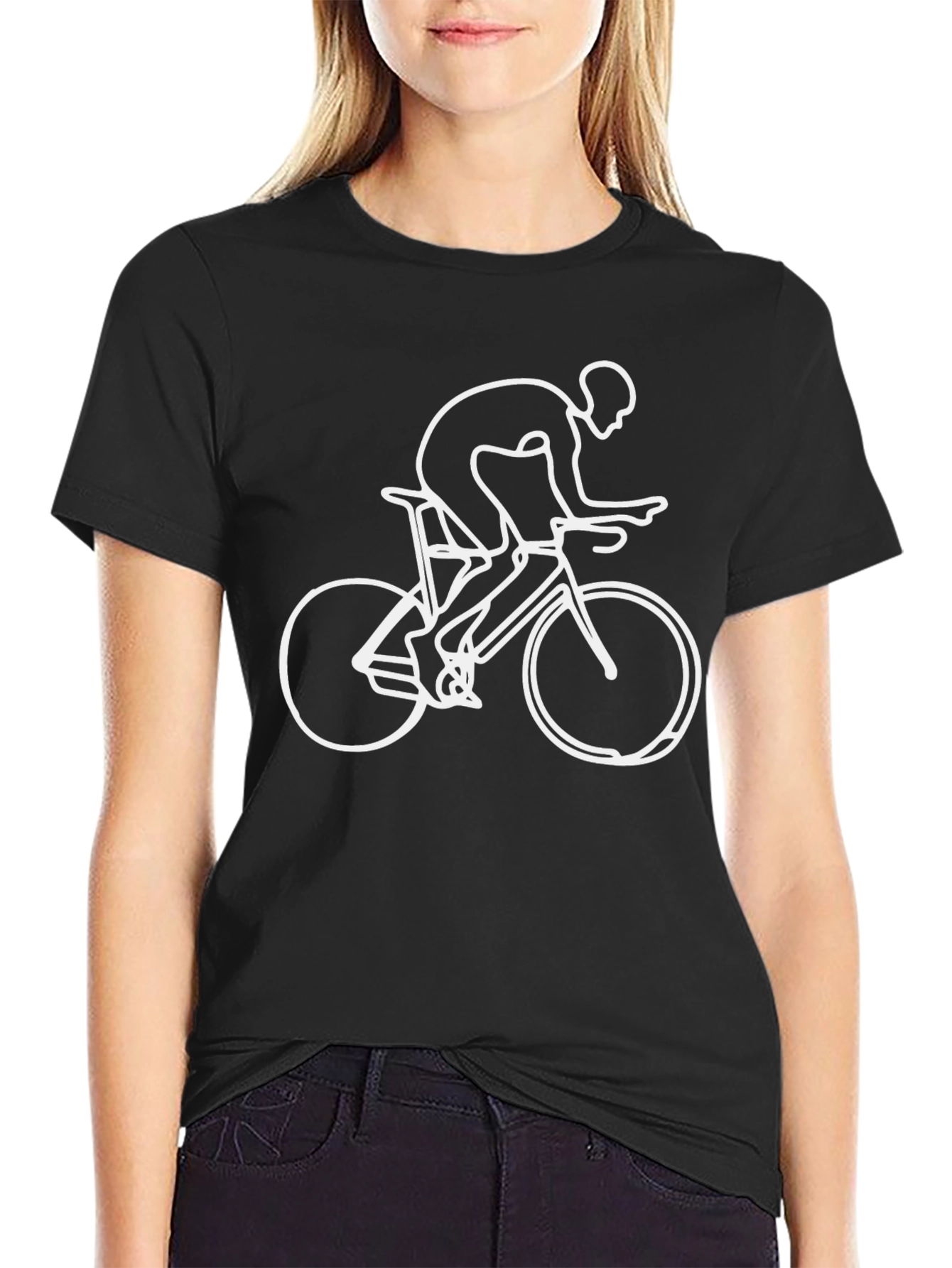 Cycling Line Art Graphic Tee - Black Cotton Casual Shirt
