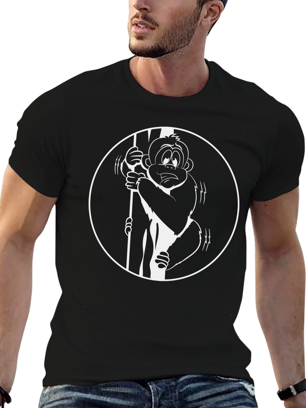 Funny Monkey Cartoon Graphic Tee - Black Cotton T-Shirt
