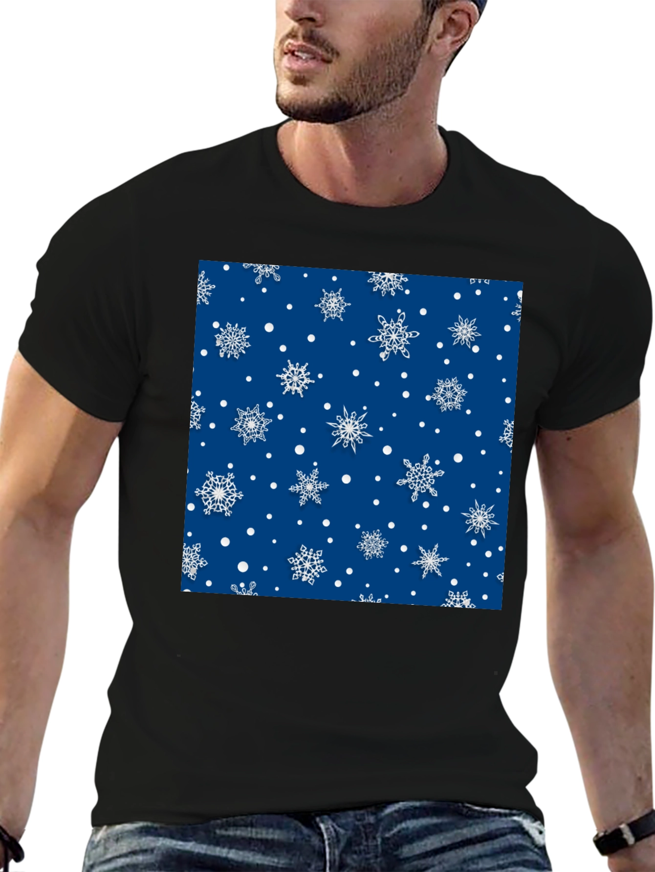Festive Snowflake Pattern Black T-Shirt