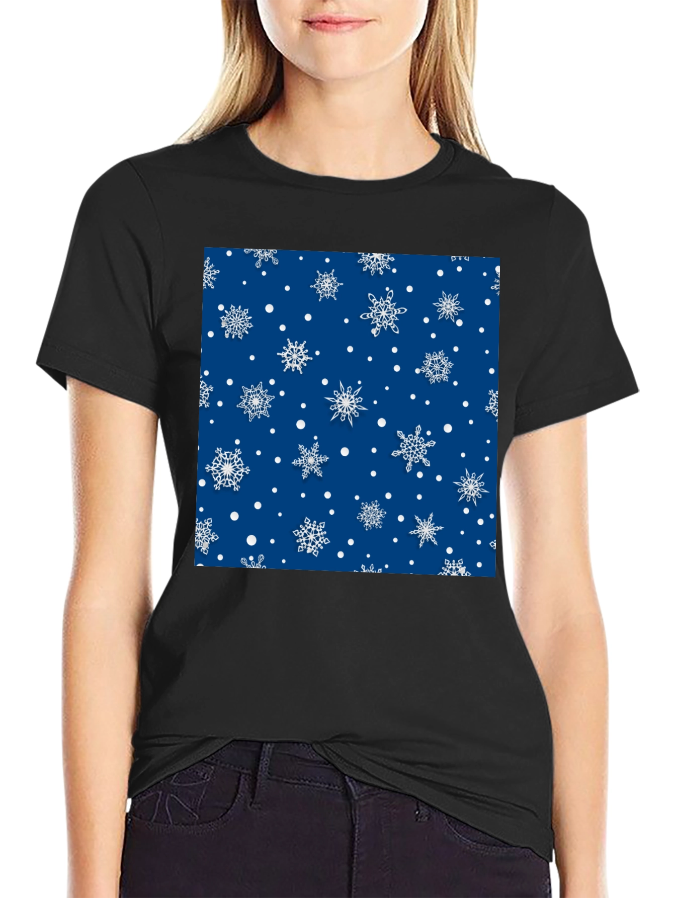 Festive Snowflake Pattern Black T-Shirt