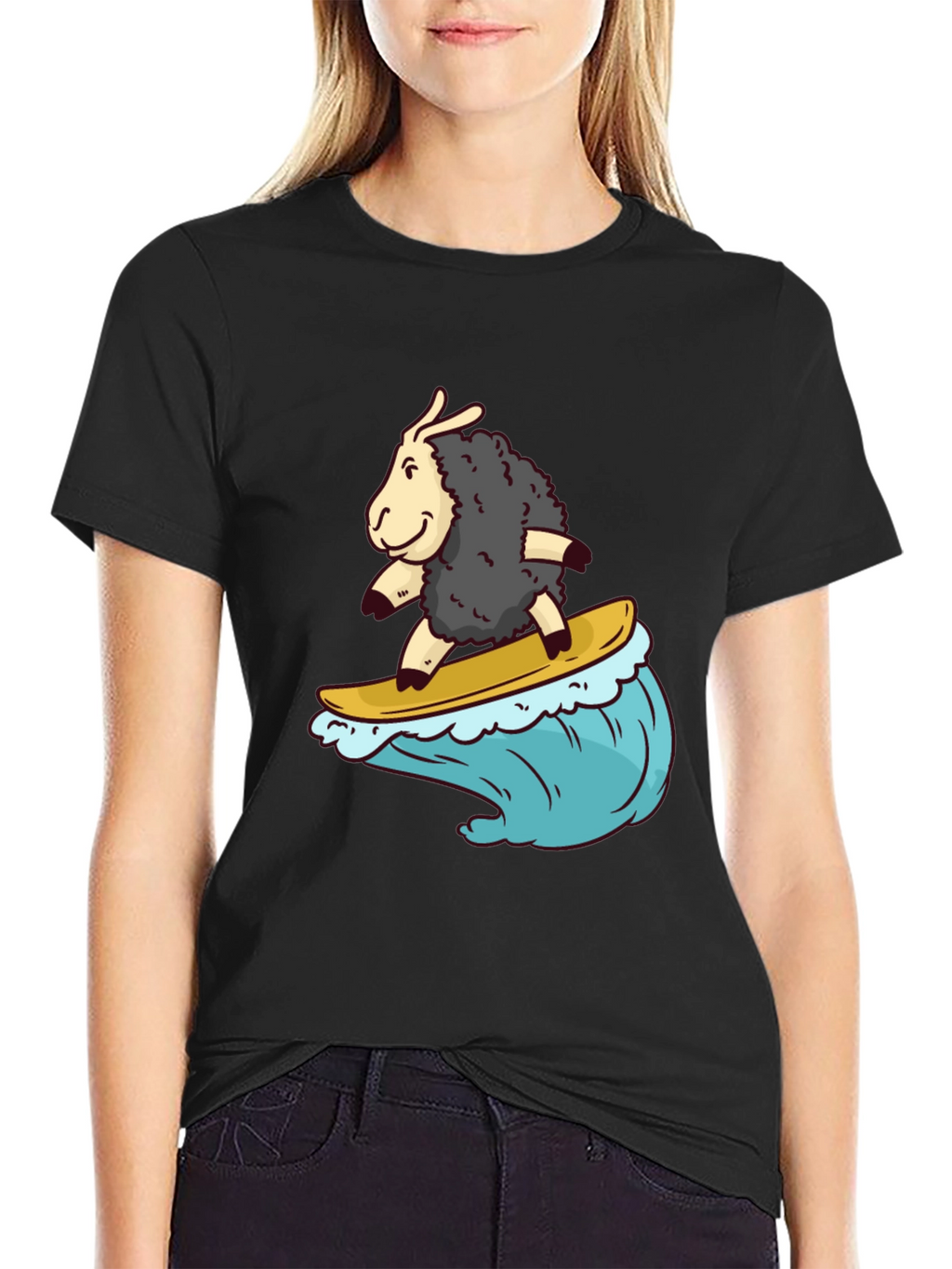 Surfing Sheep T-Shirt - Black Cotton Tee