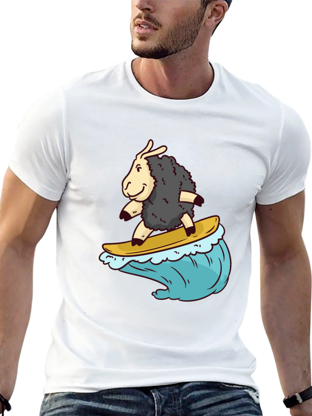 Surfing Sheep T-Shirt - Black Cotton Tee