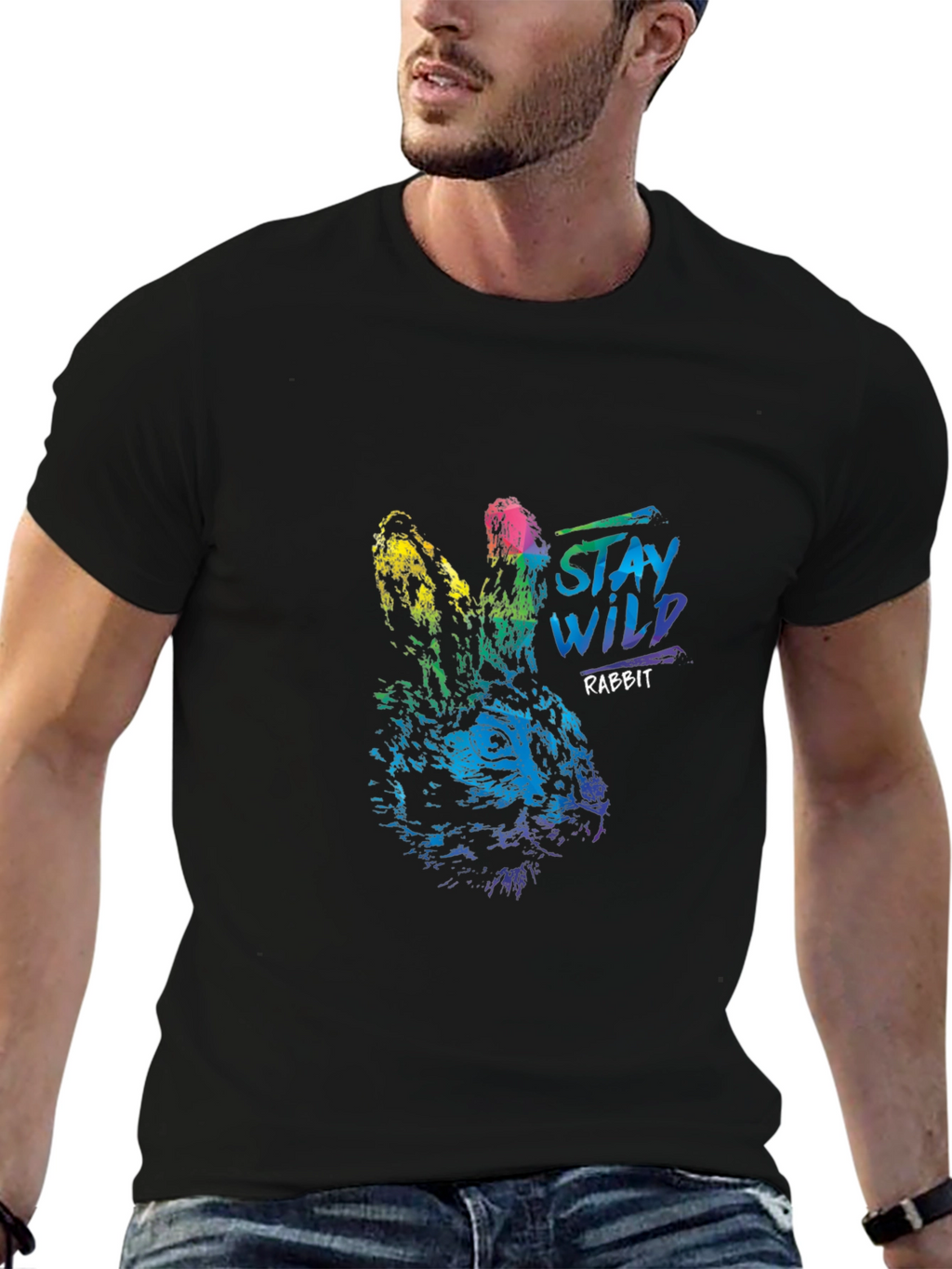 Stay Wild Rabbit Graphic T-Shirt - Black