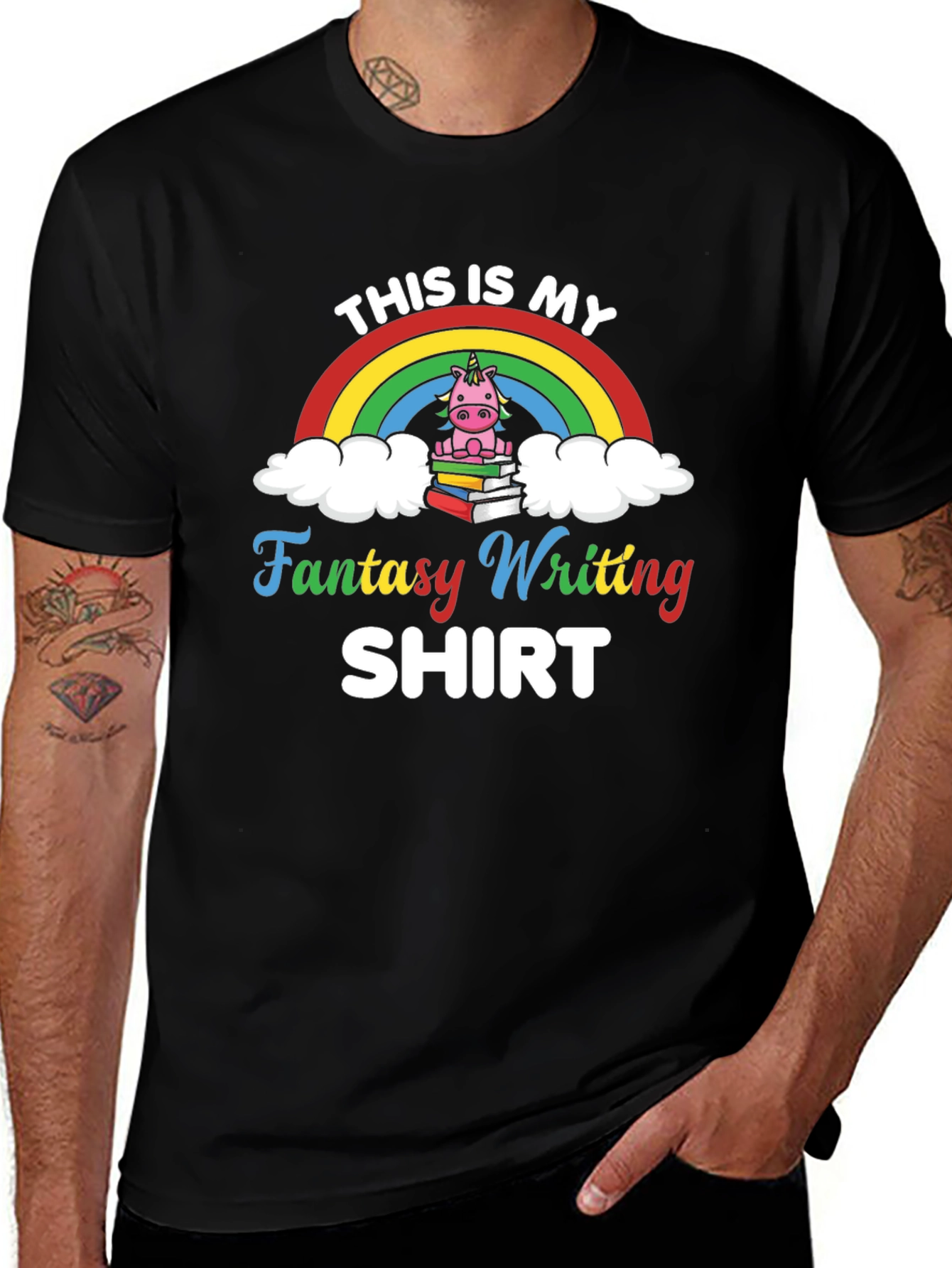 Fantasy Writing T-Shirt with Unicorn Design