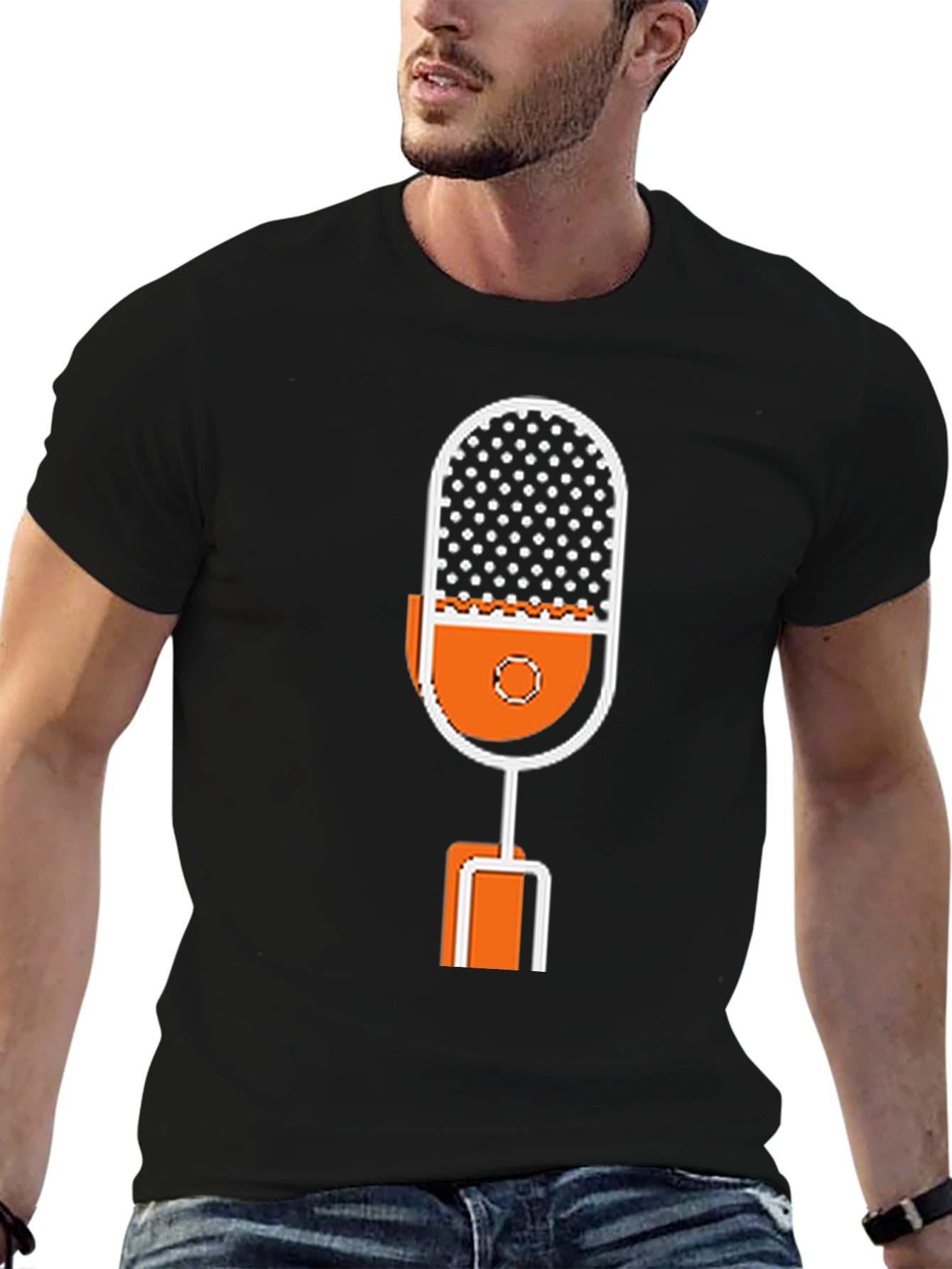 Retro Microphone Graphic Tee - Black Cotton T-Shirt