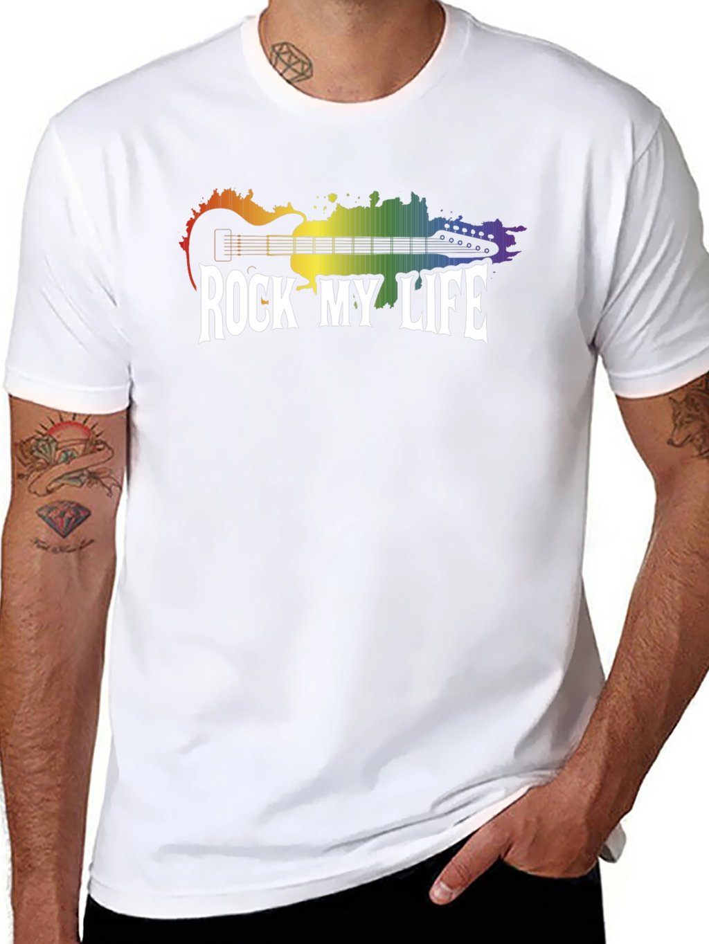 Rock My Life Graphic Tee - Rainbow Guitar Design