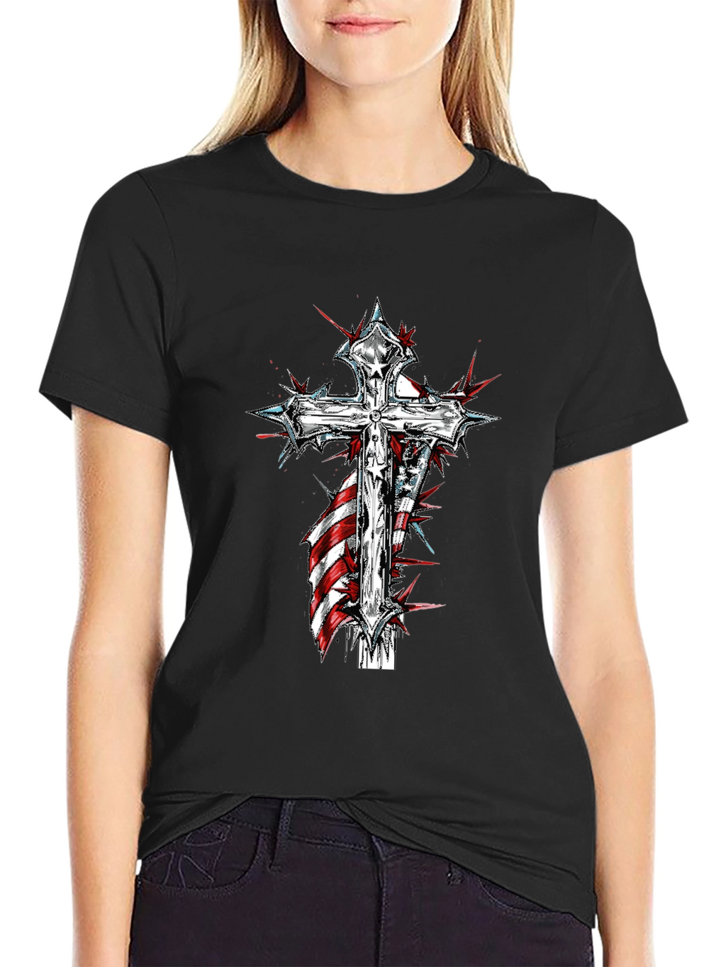 Cross & American Flag Graphic Print T-Shirt
