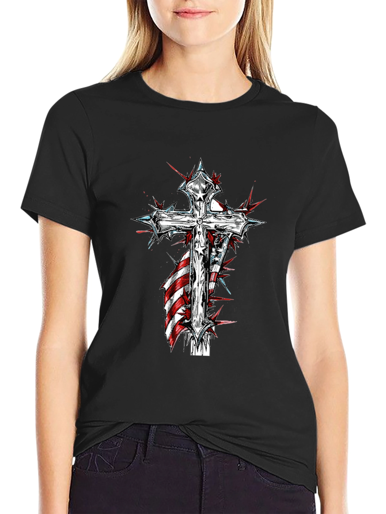 Cross & American Flag Graphic Print T-Shirt