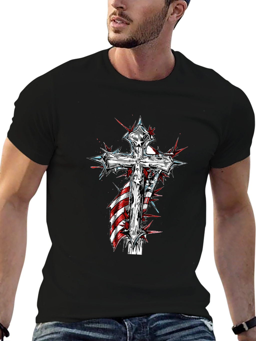 Cross & American Flag Graphic Print T-Shirt