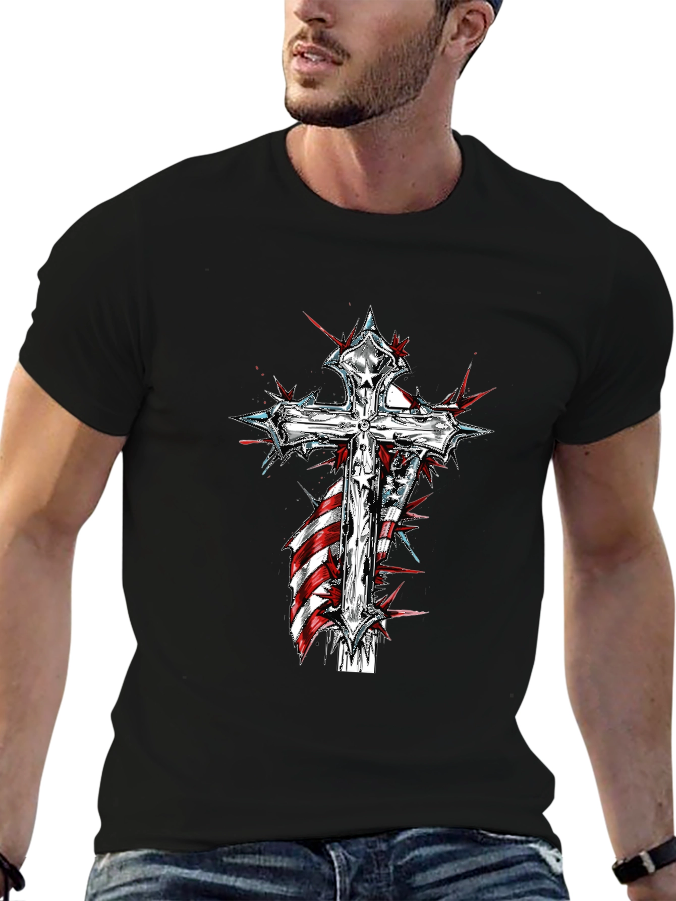 Cross & American Flag Graphic Print T-Shirt