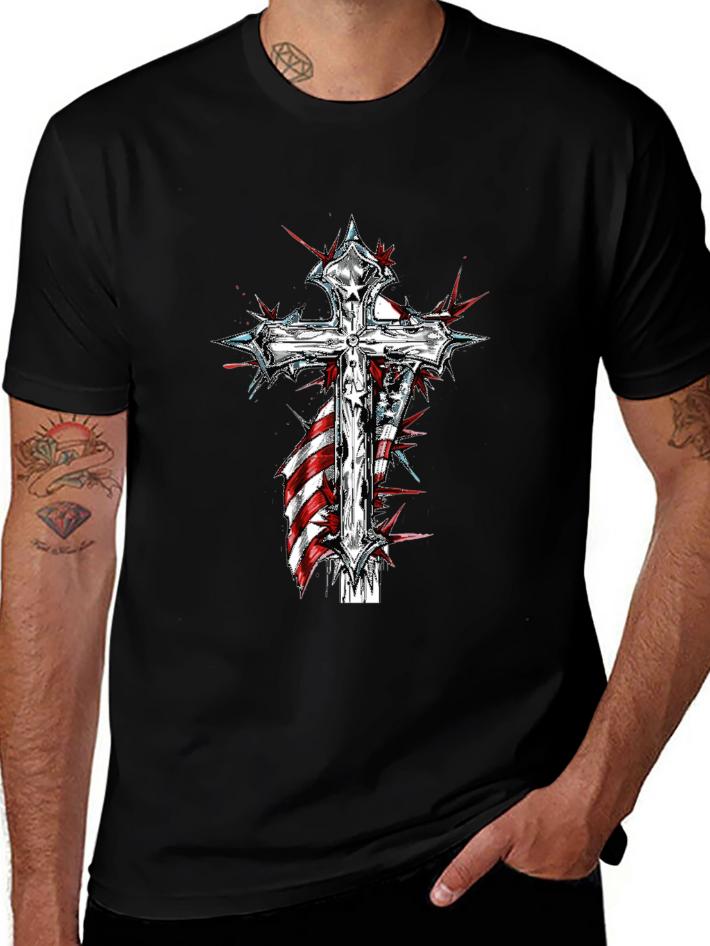 Cross & American Flag Graphic Print T-Shirt
