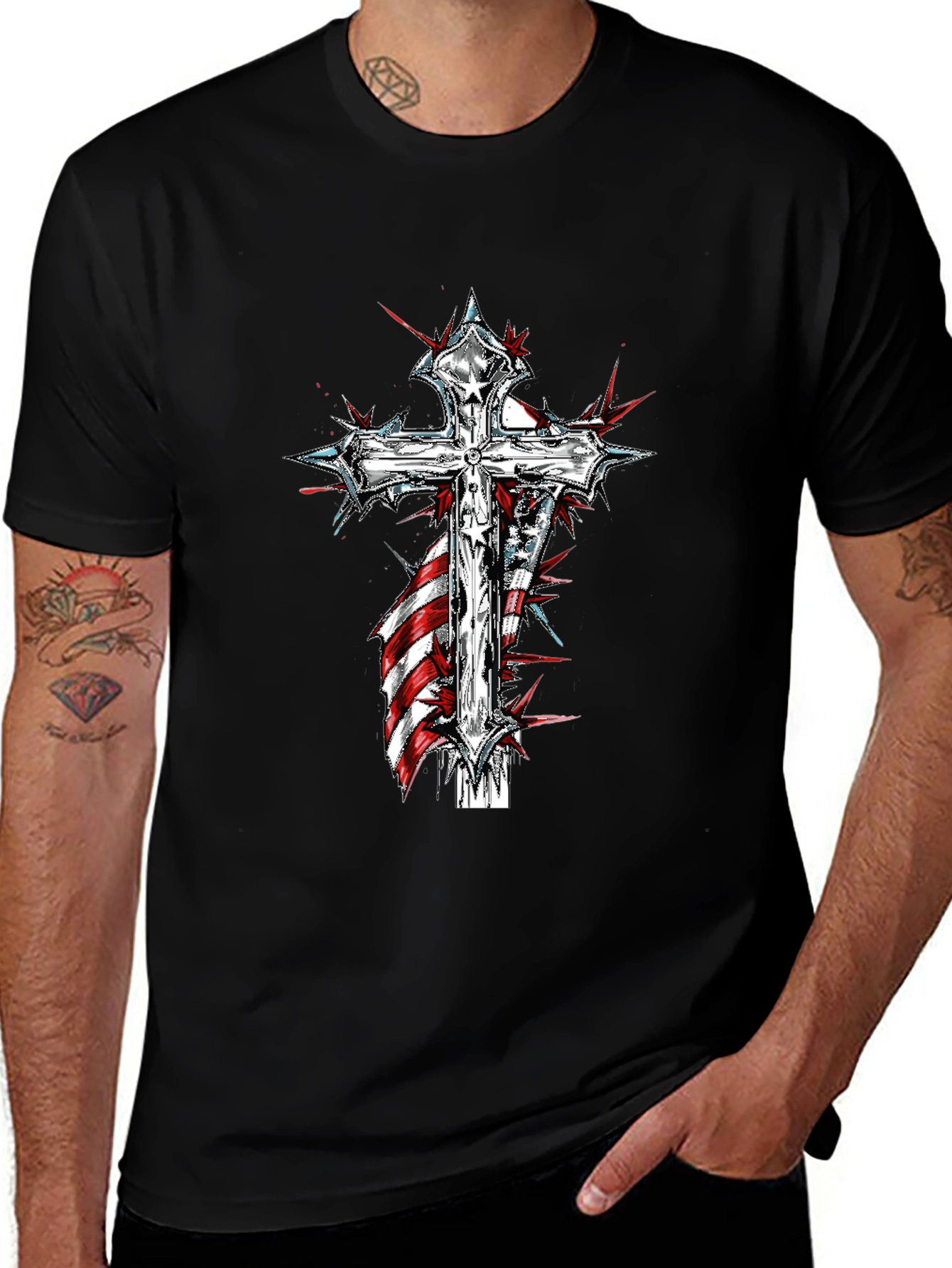 Cross & American Flag Graphic Print T-Shirt