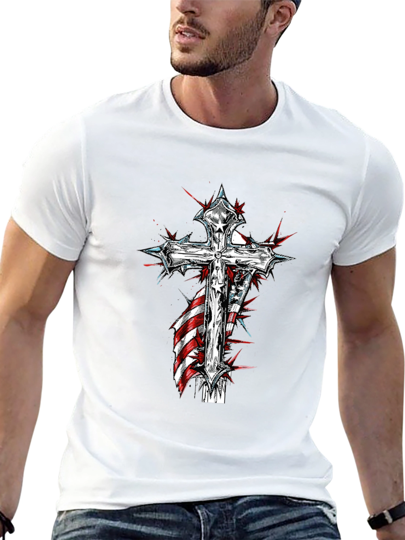 Cross & American Flag Graphic Print T-Shirt