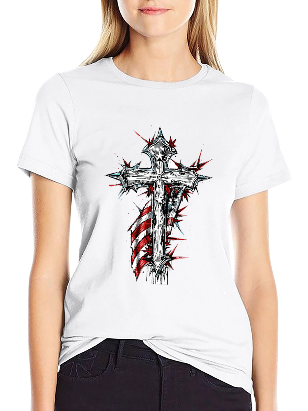 Cross & American Flag Graphic Print T-Shirt