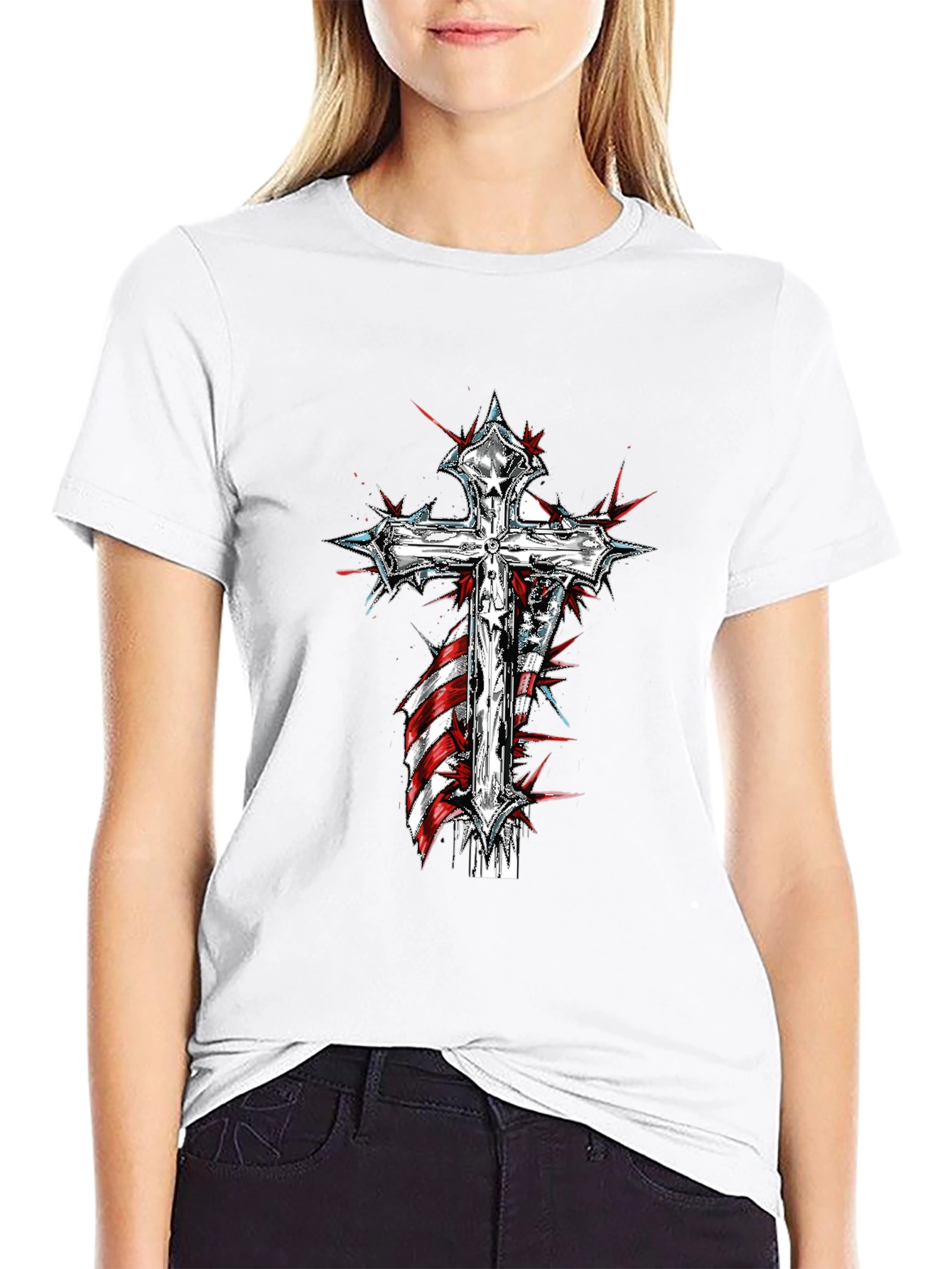 Cross & American Flag Graphic Print T-Shirt