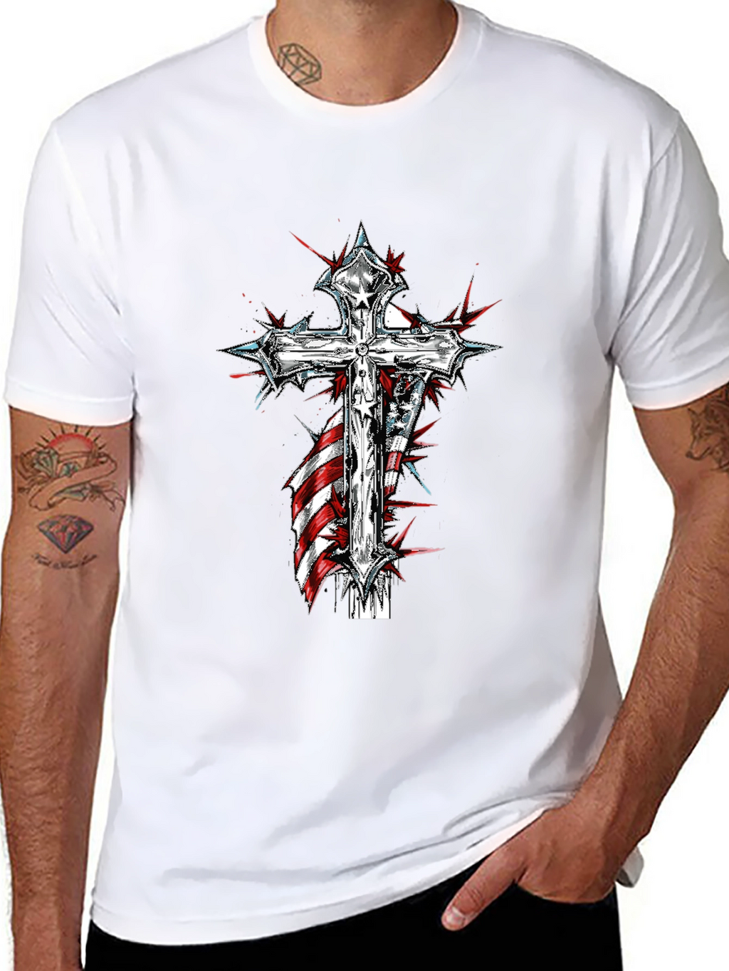 Cross & American Flag Graphic Print T-Shirt