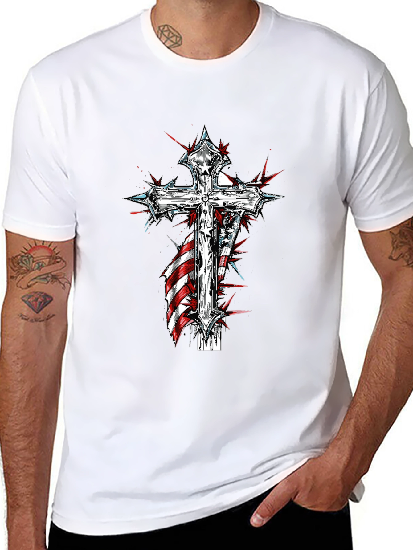 Cross & American Flag Graphic Print T-Shirt