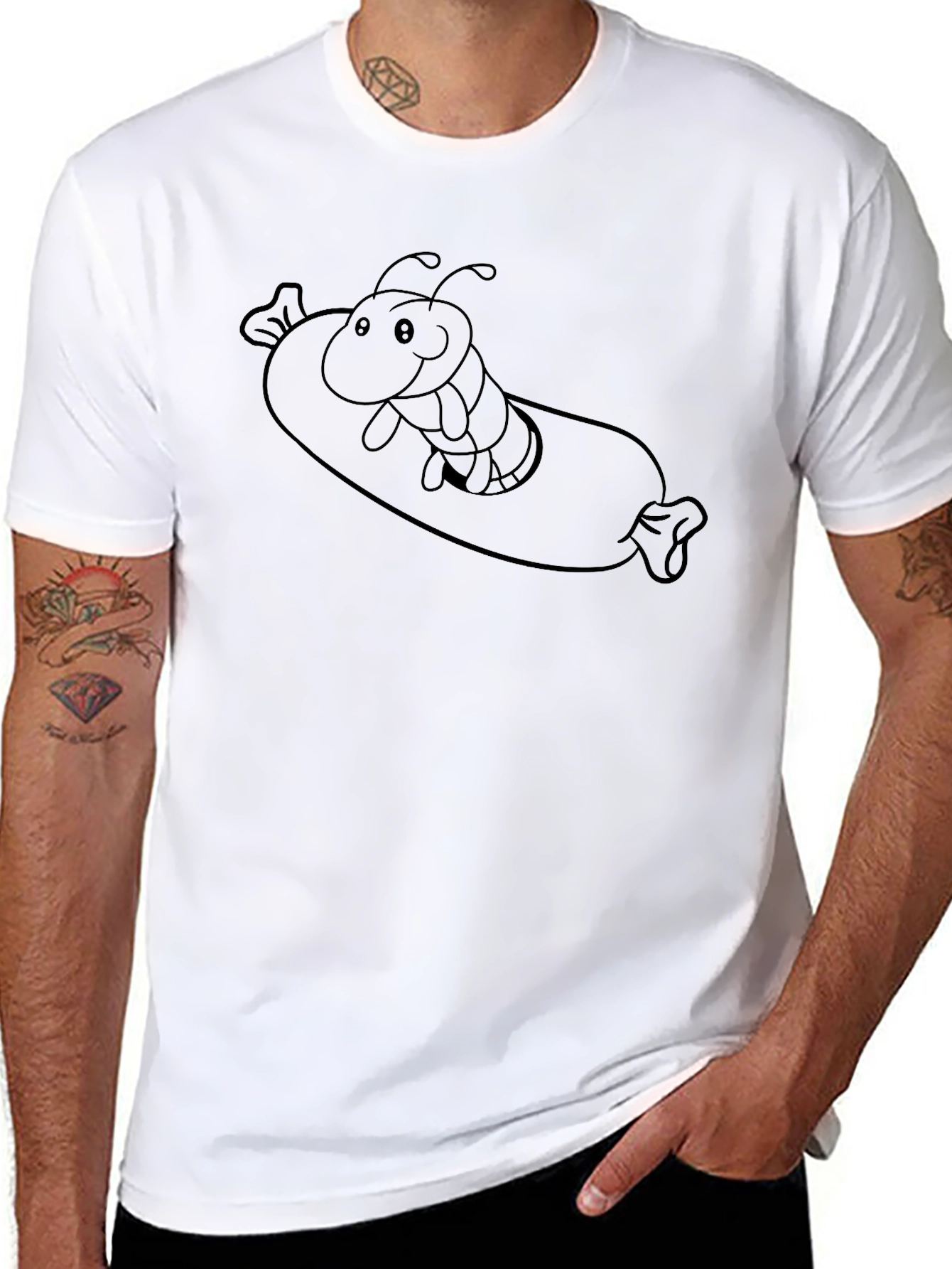 Cartoon Caterpillar Hotdog T-Shirt - Unisex Black Tee