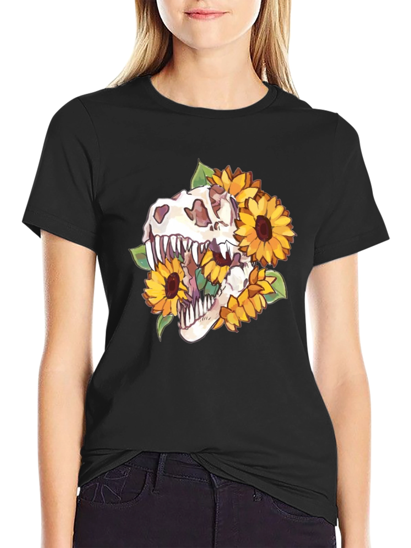 Dino Skull Sunflower Graphic Tee - Black