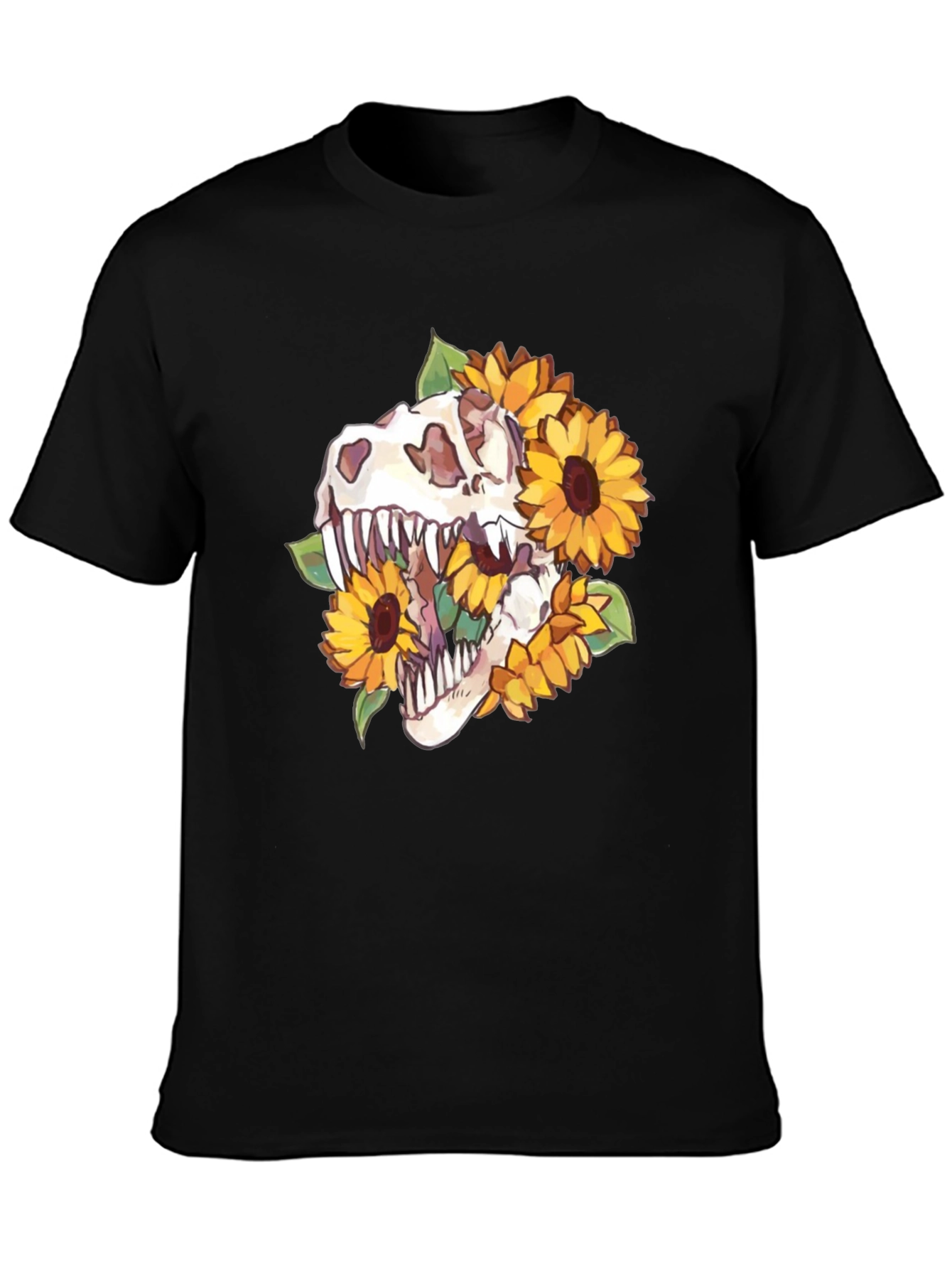 Dino Skull Sunflower Graphic Tee - Black