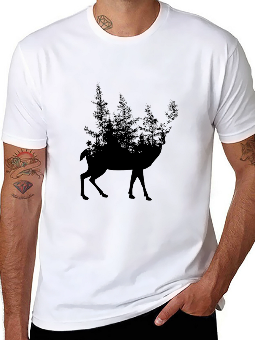 Nature Deer Silhouette Graphic Tee - Black