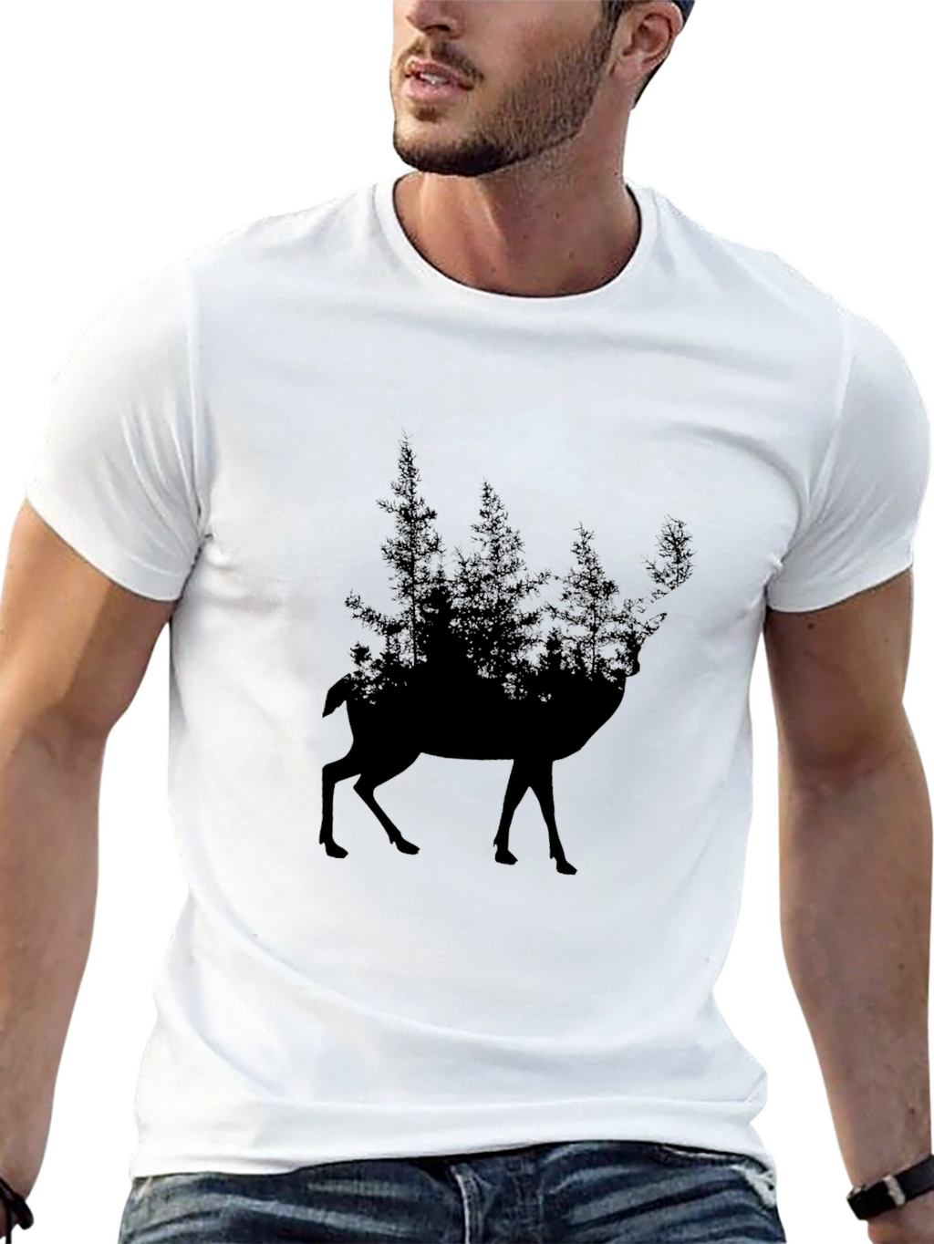 Nature Deer Silhouette Graphic Tee - Black