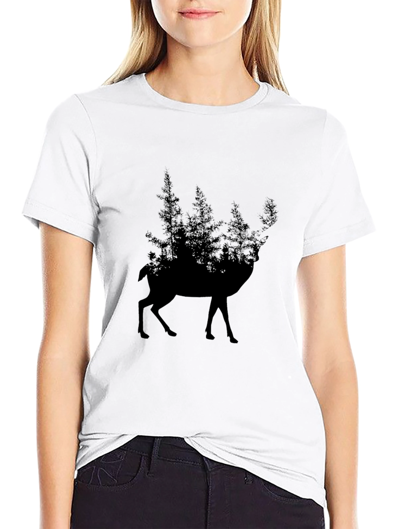 Nature Deer Silhouette Graphic Tee - Black