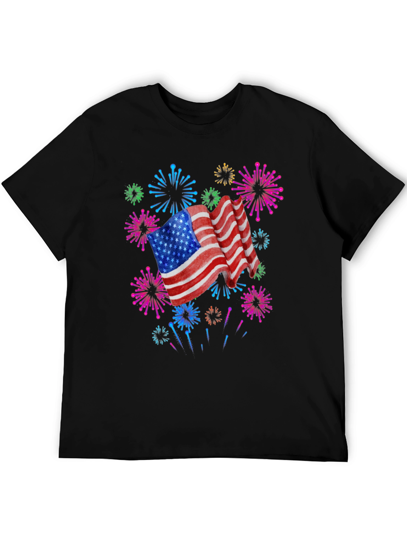 Patriotic American Flag Fireworks Black T-Shirt