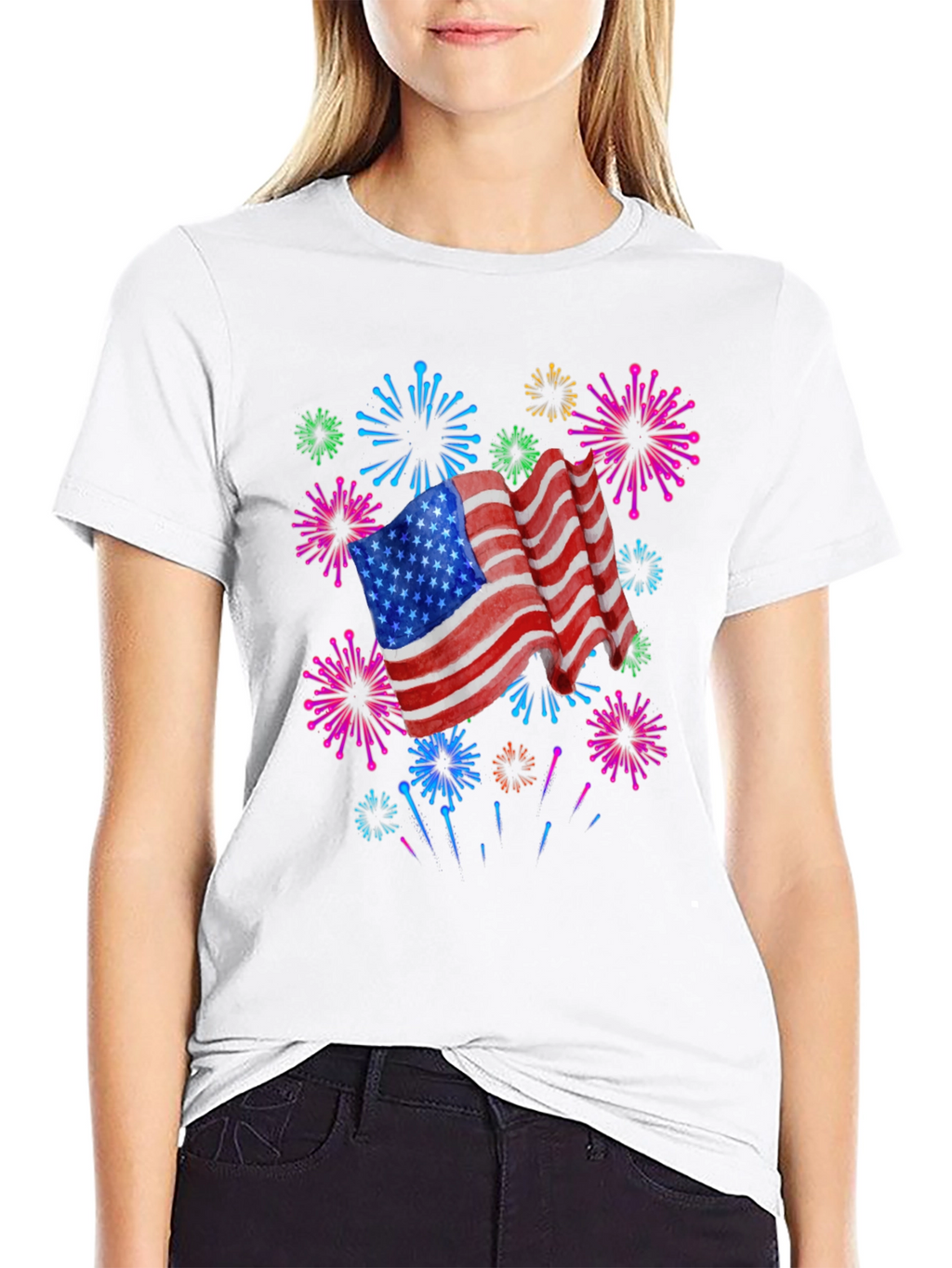 Patriotic American Flag Fireworks Black T-Shirt