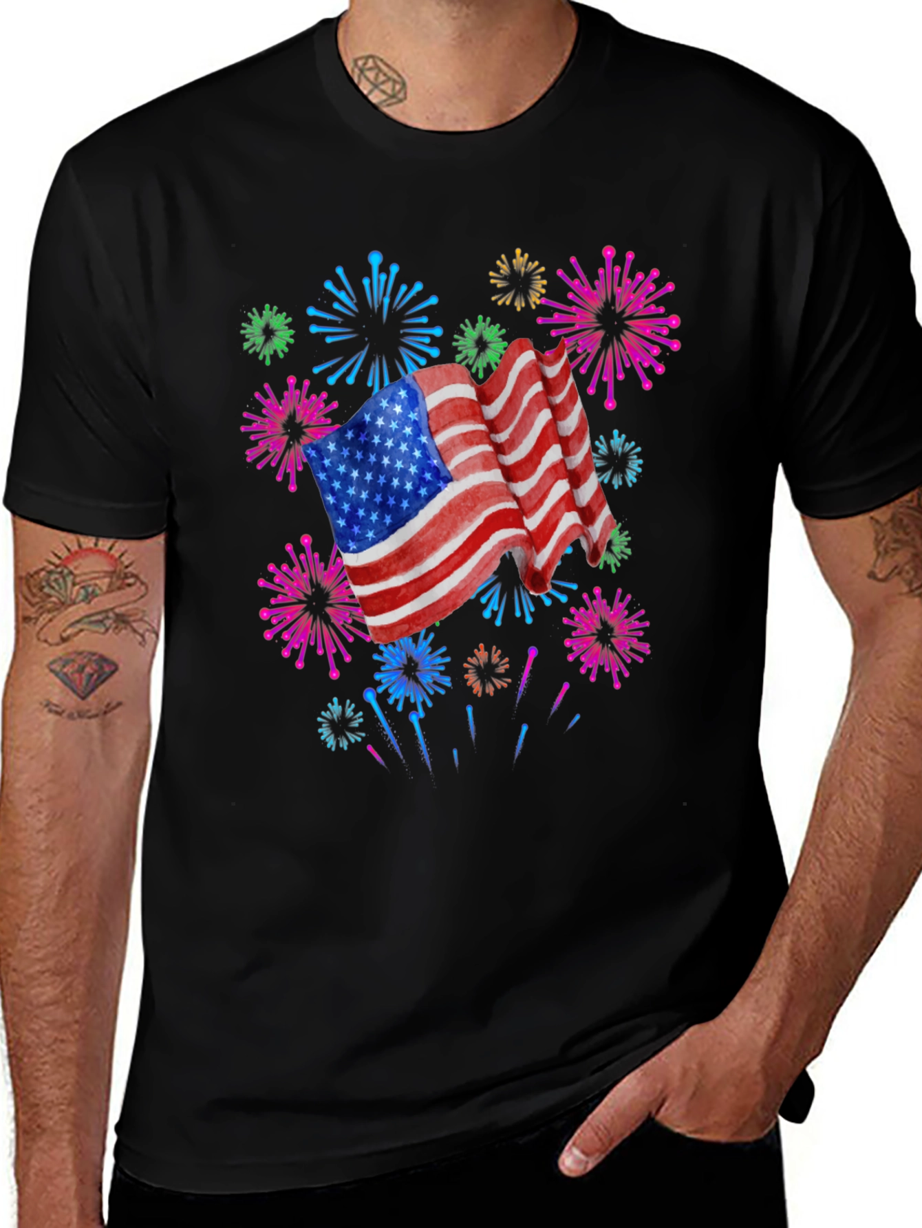 Patriotic American Flag Fireworks Black T-Shirt