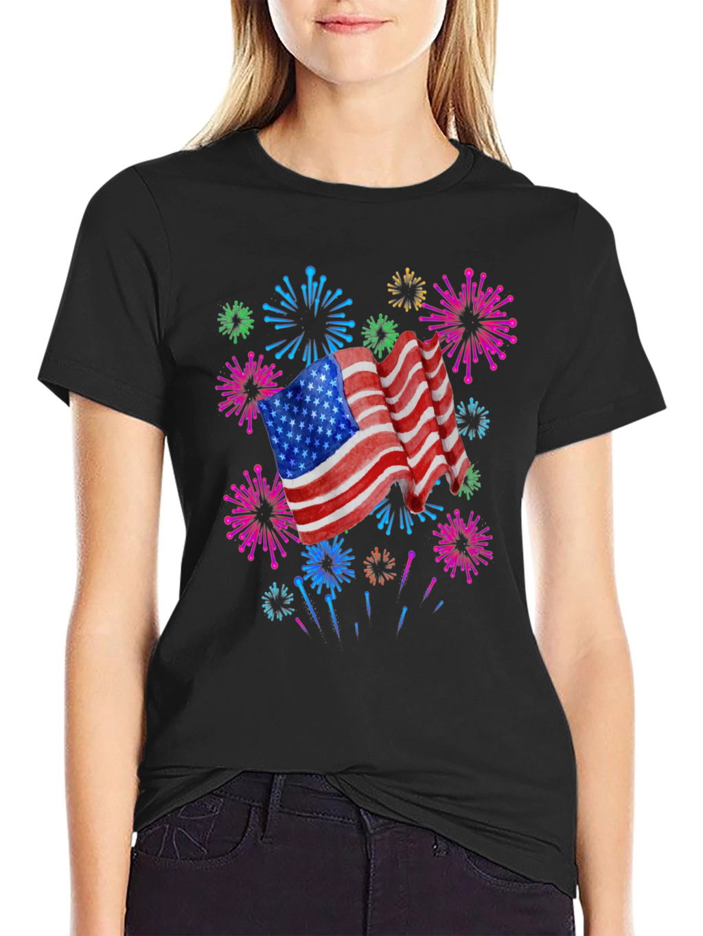 Patriotic American Flag Fireworks Black T-Shirt