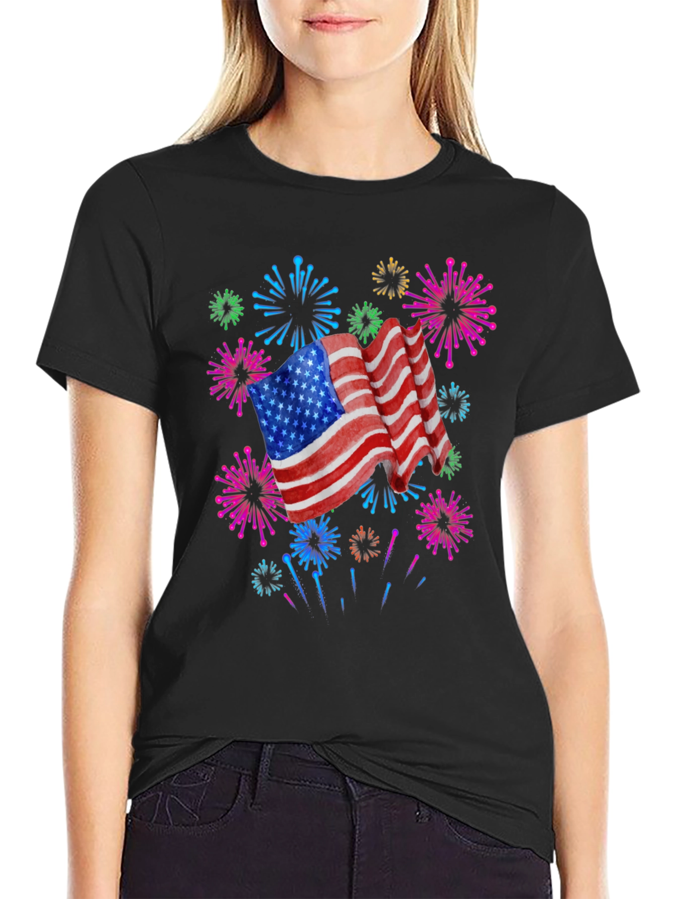Patriotic American Flag Fireworks Black T-Shirt